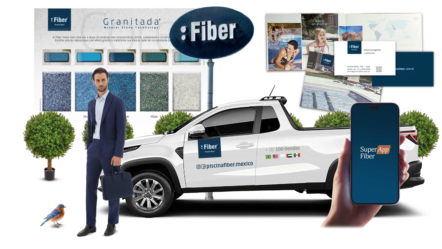 Ecosistema visual de franquicia Fiber con branding, materiales institucionales, camioneta rotulada y aplicación móvil